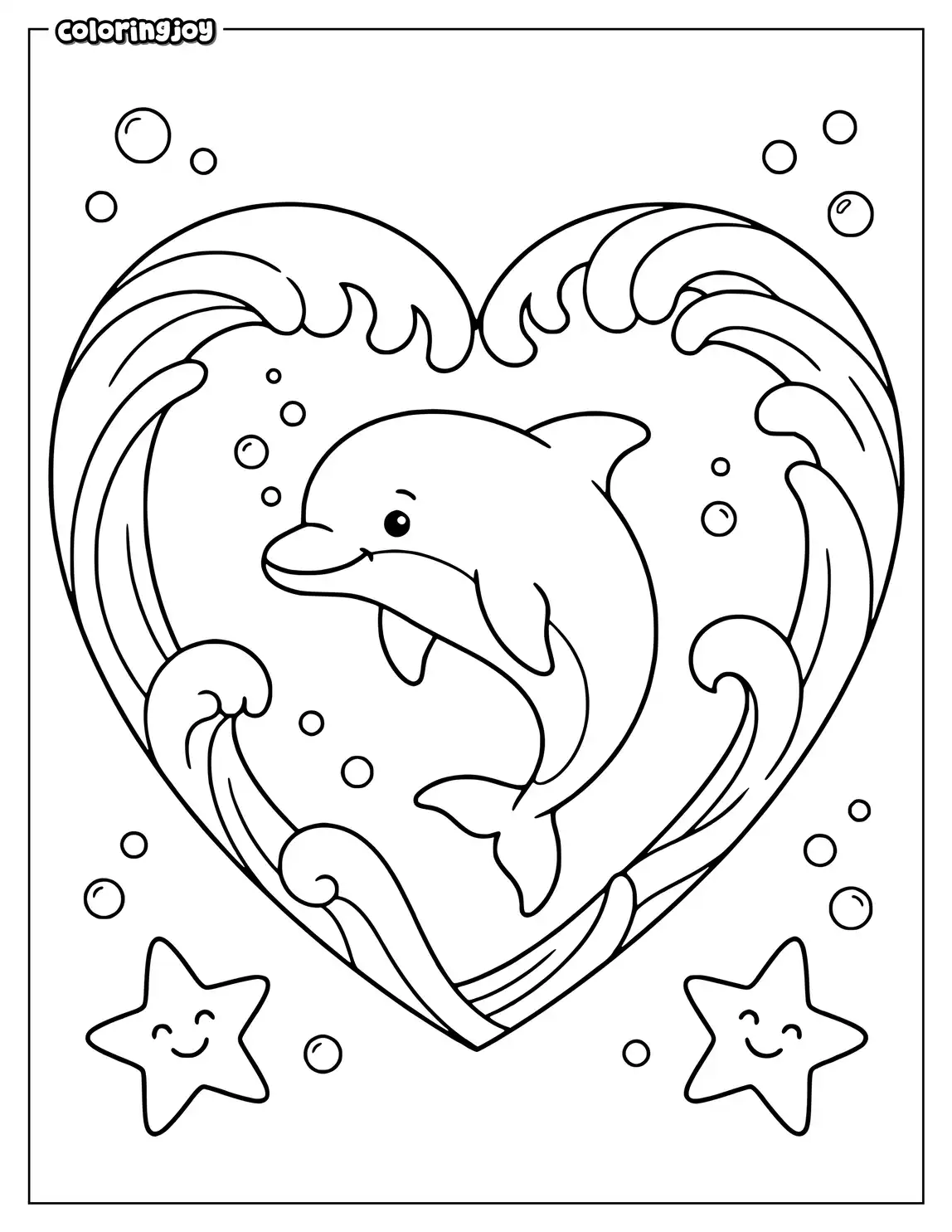 A cute dolphin swims inside a heart-shaped frame with starfish.