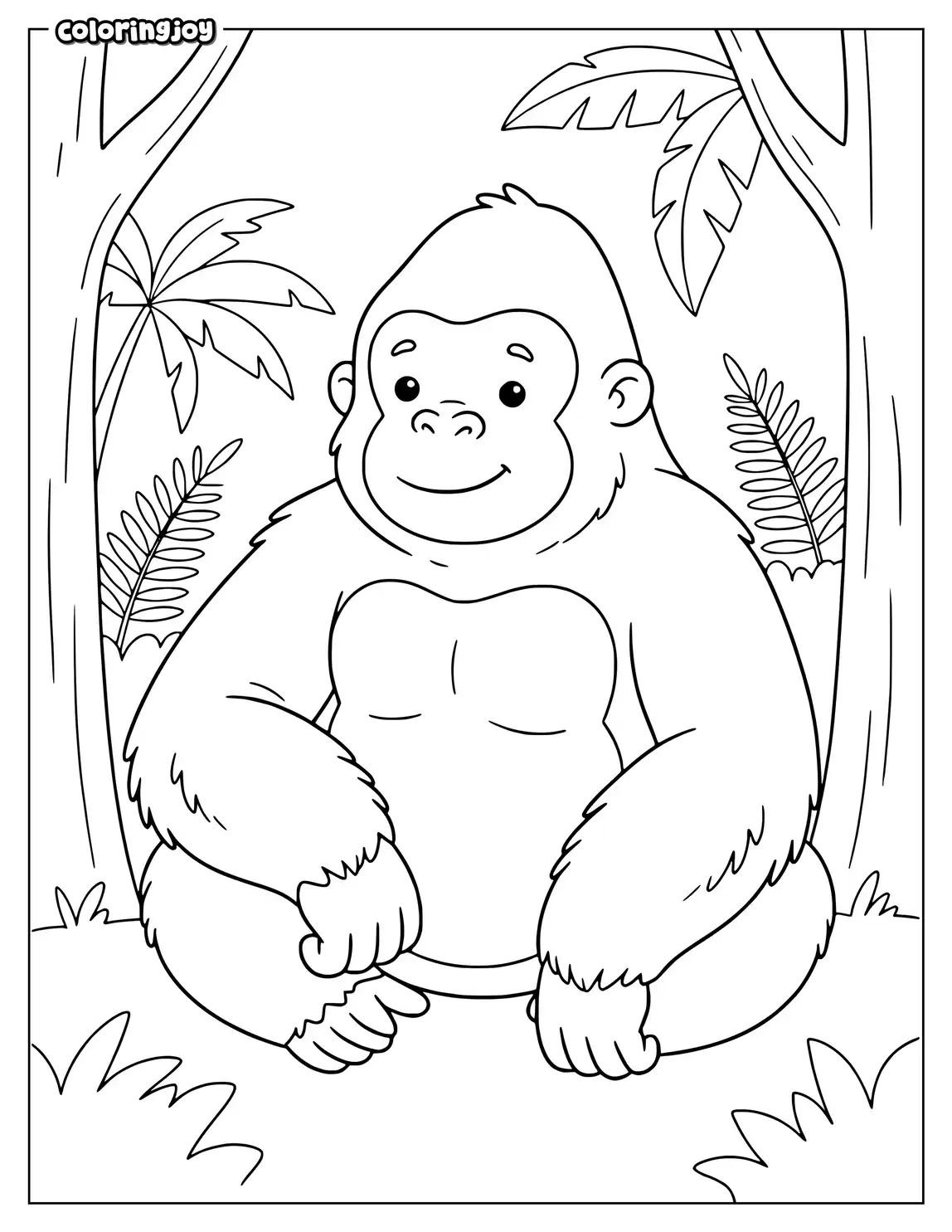 Cute gorilla sitting peacefully with leaves and small plants around.