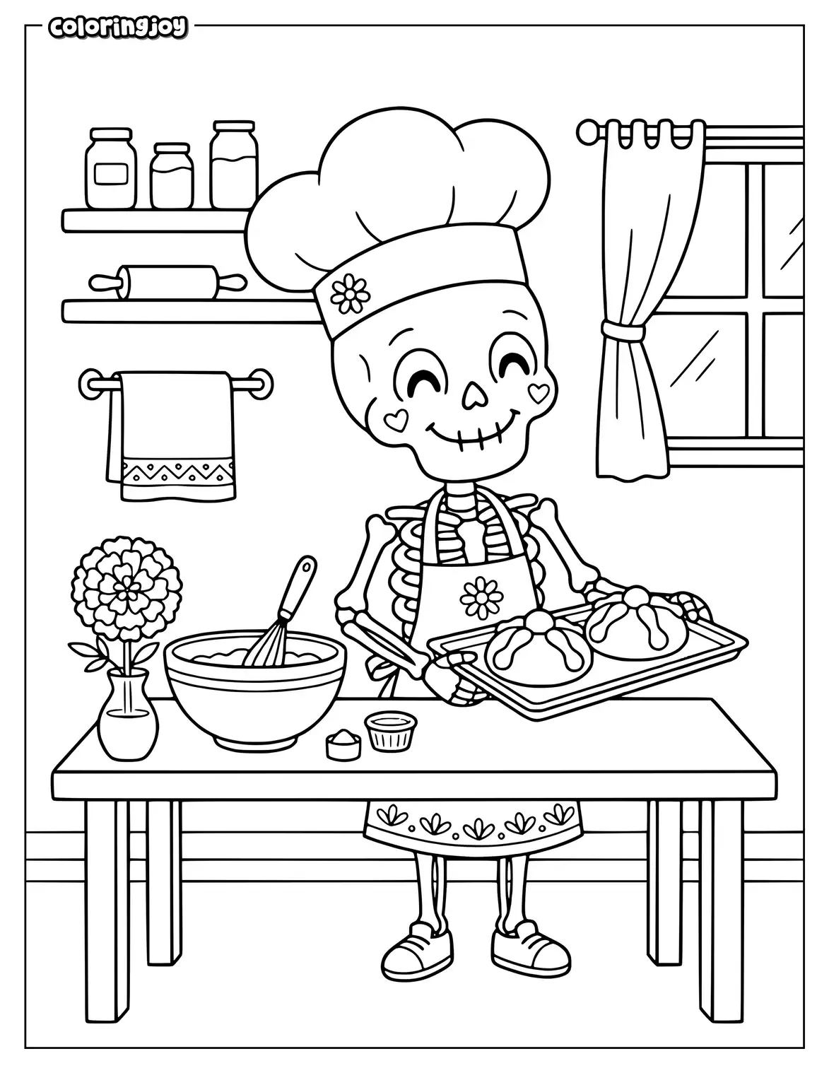 Cute skeleton baker holds sweet bread wearing a tall chef hat.