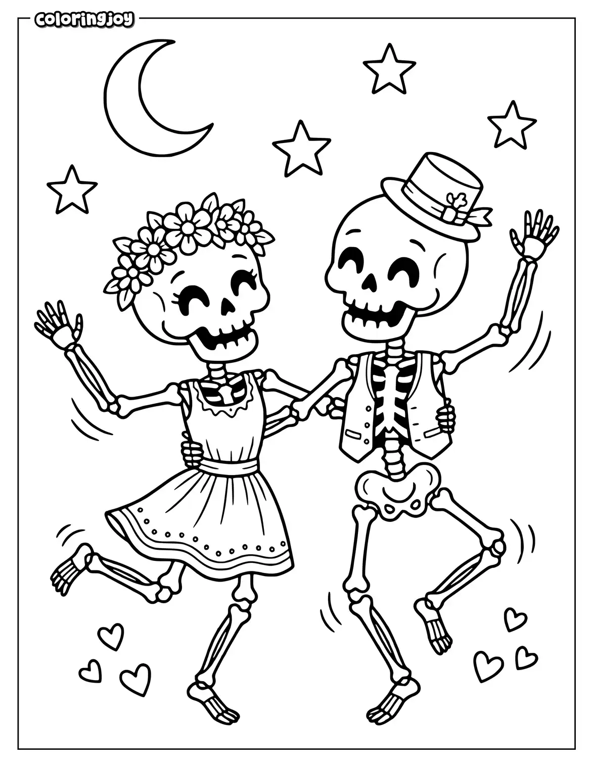 Cute skeleton couple dances beneath stars and a crescent moon.