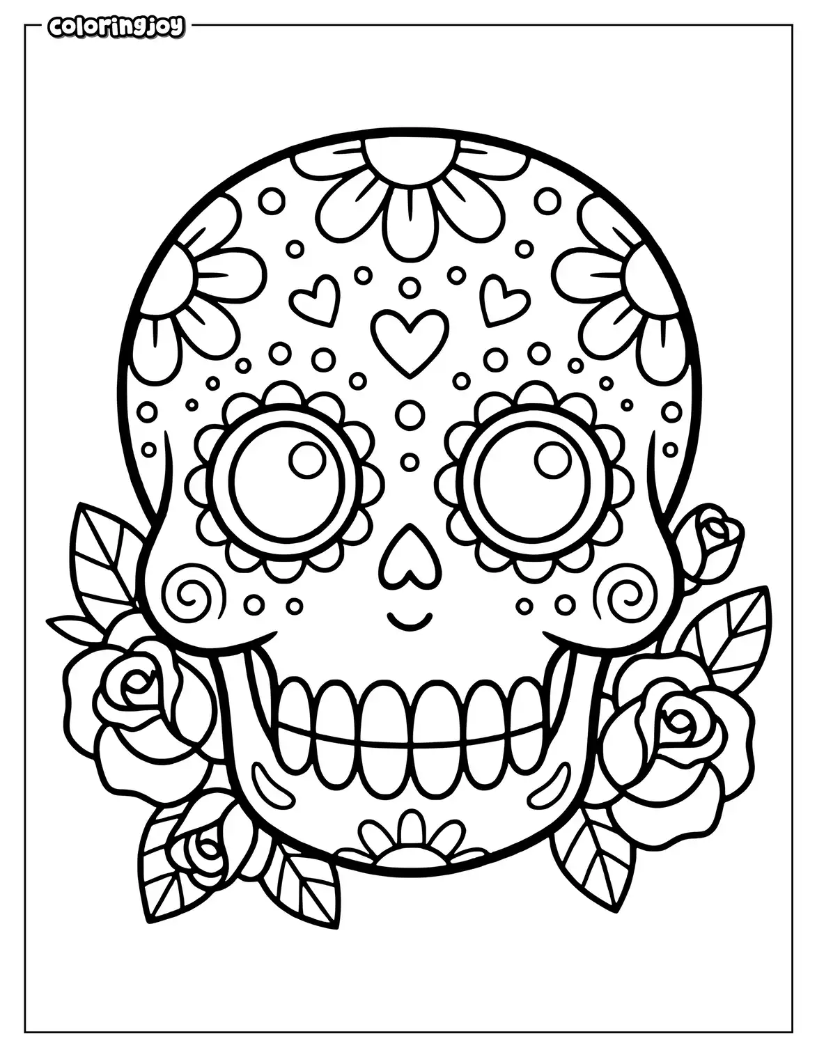 Cute sugar skull wears flower crown above outlined Sugar Skull lettering.