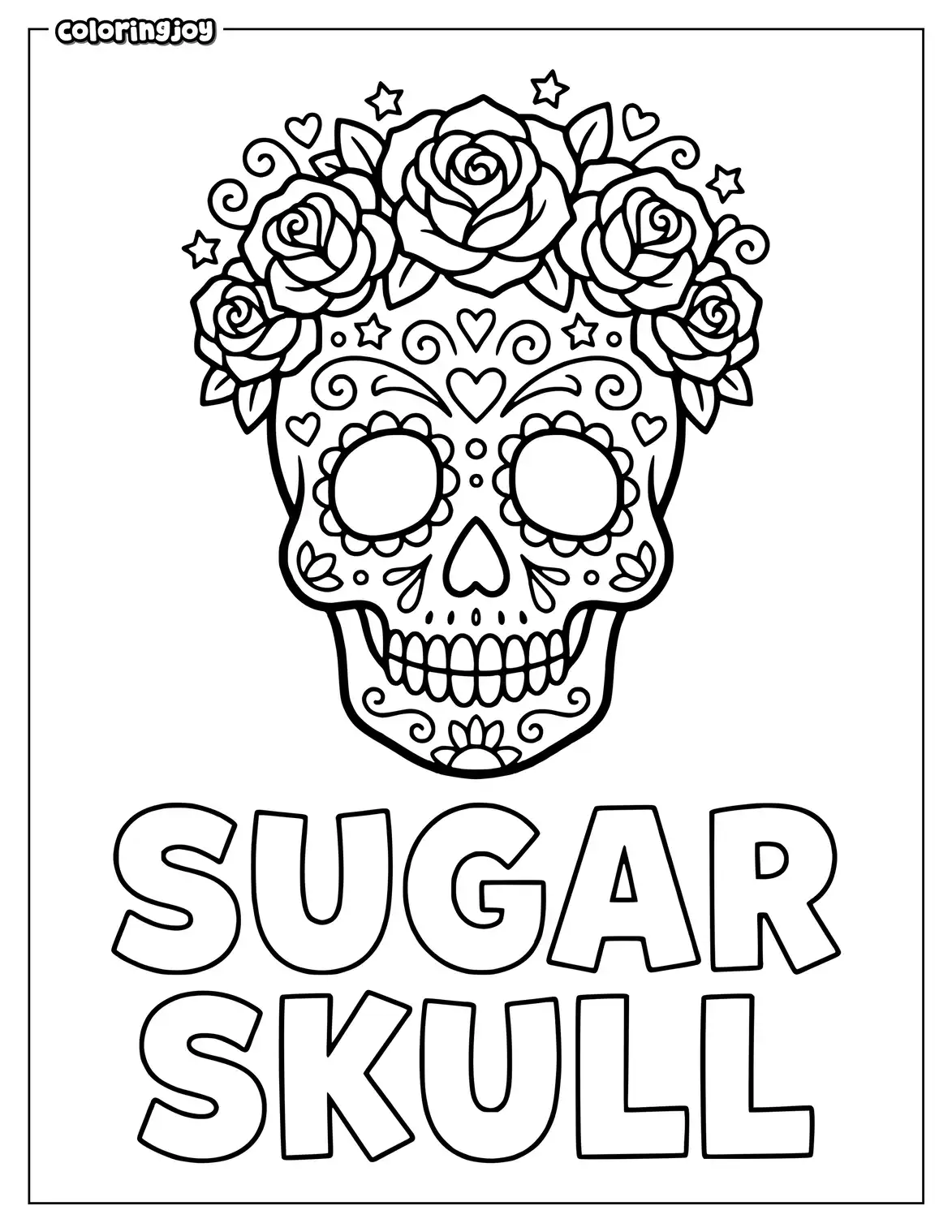 Cute sugar skull with flowers and hearts for kids to color.