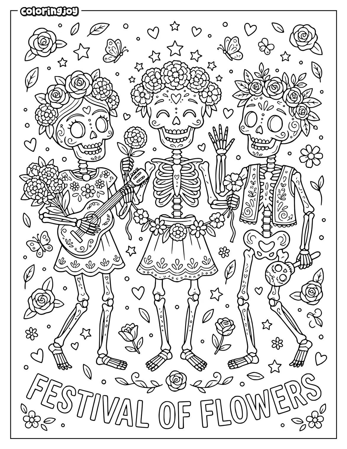 Three cheerful skeleton friends hold flowers and wear different crowns.