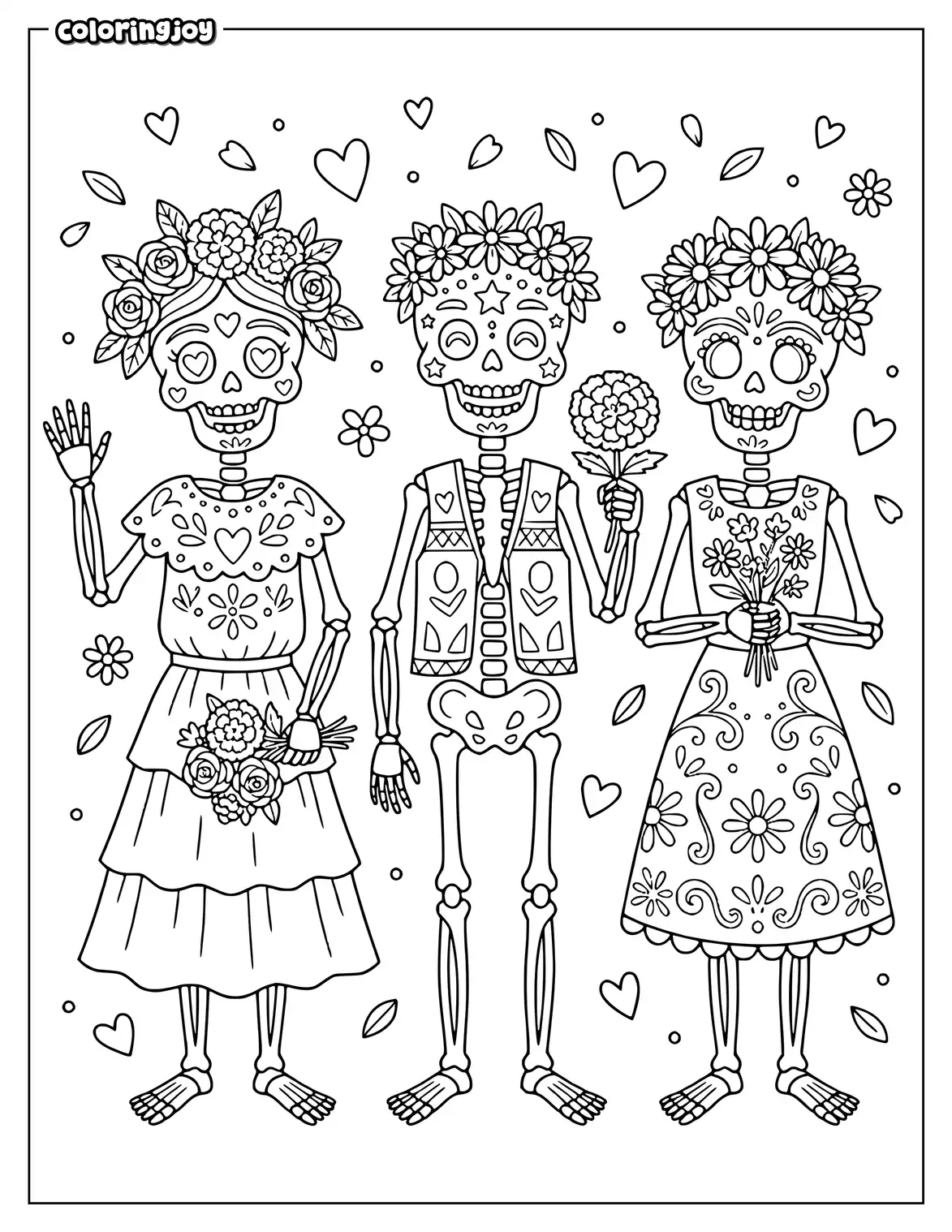 Three skeleton friends hold flowers above outlined Festival of Flowers lettering.