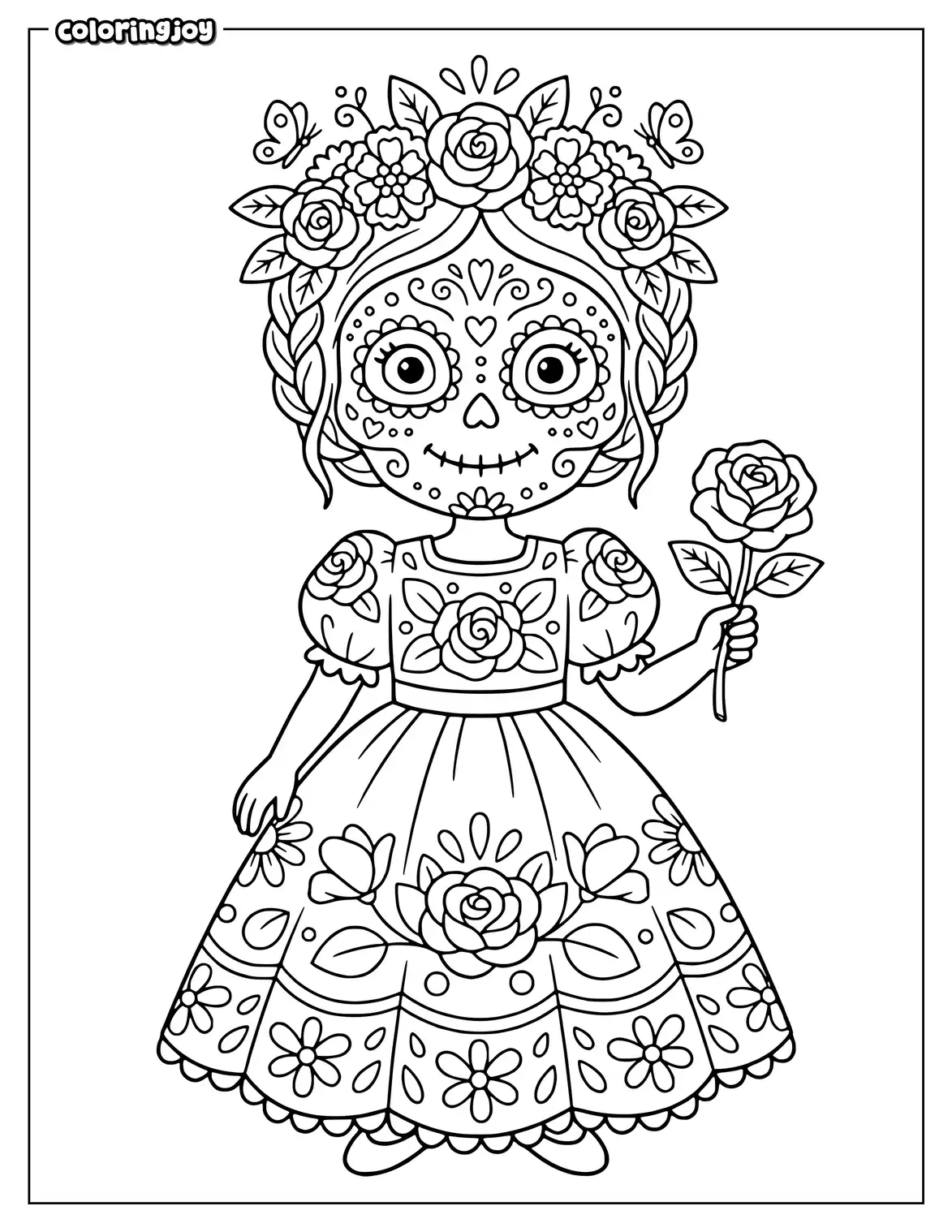 Day of the Dead girl wears floral dress and flower crown.