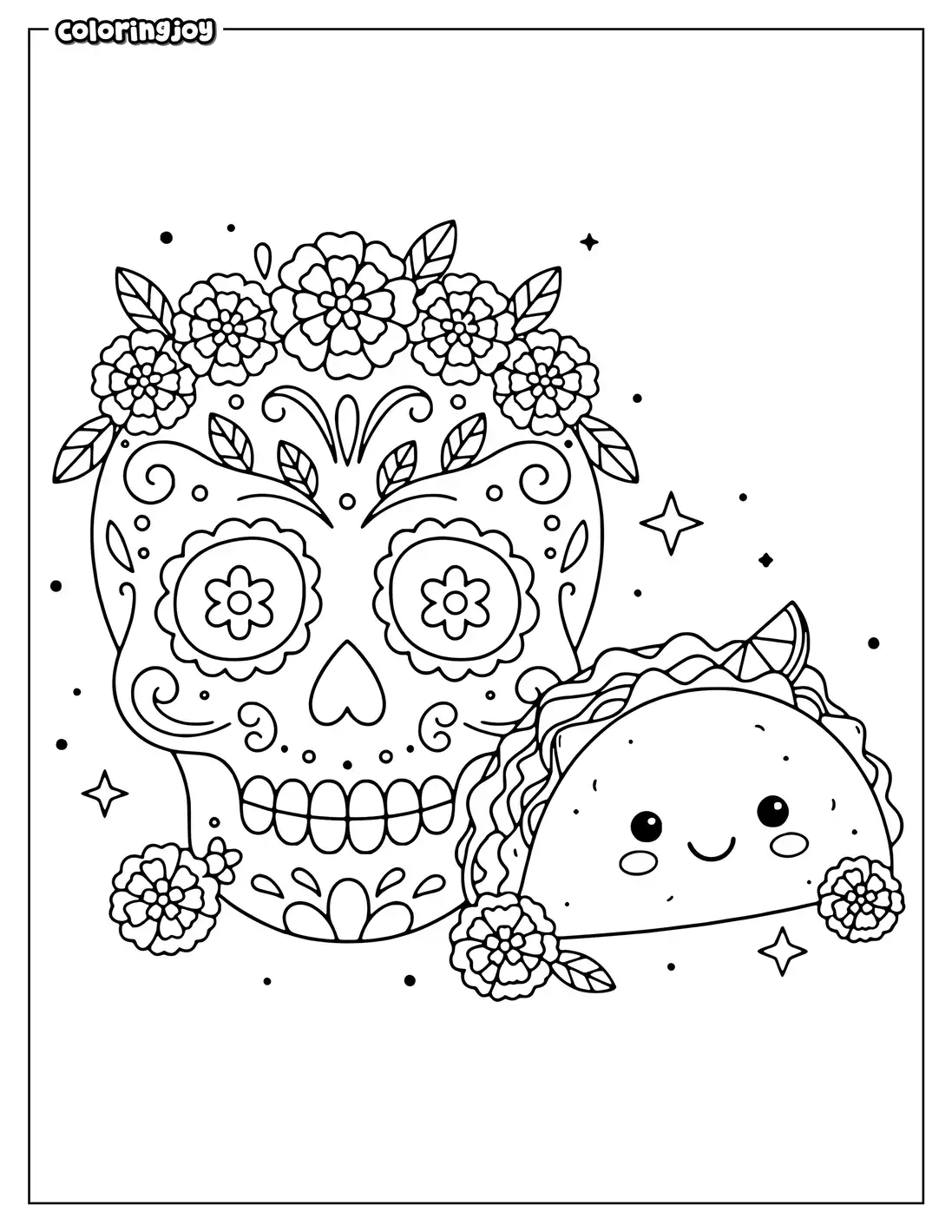 Sugar skull decorated with marigold flowers beside a festive taco.