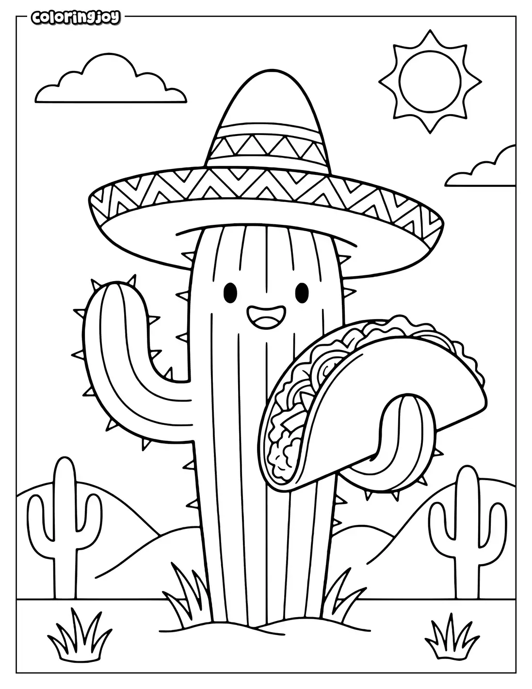 Cactus wearing a sombrero holding a taco in the desert.