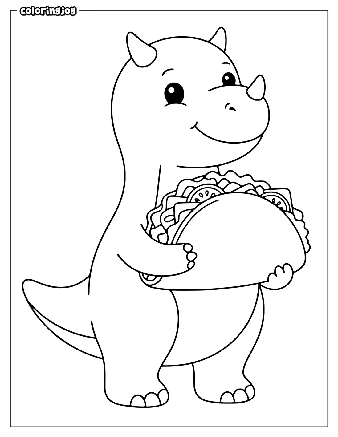 Friendly cartoon dinosaur holding a big taco with both hands.