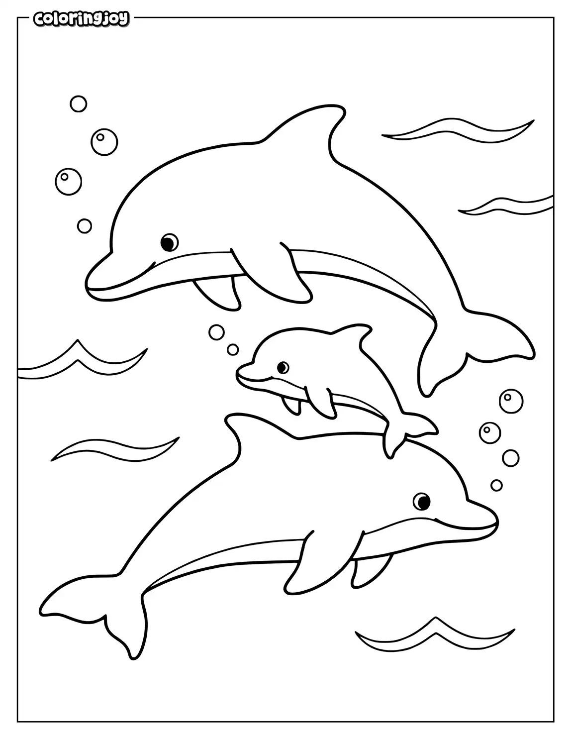 Two adult dolphins swim with their baby through ocean waves.