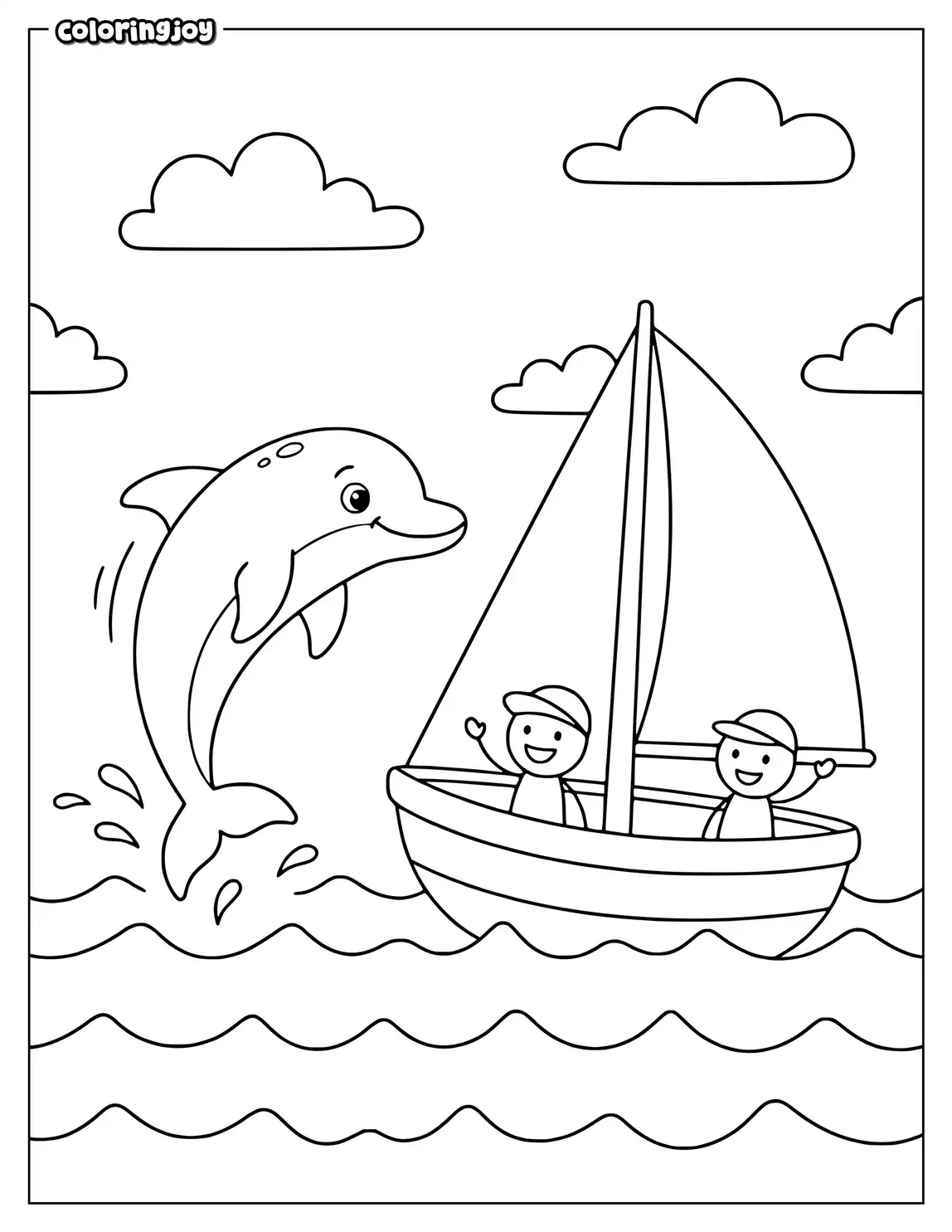 A jumping dolphin appears beside a sailboat on gentle waves.
