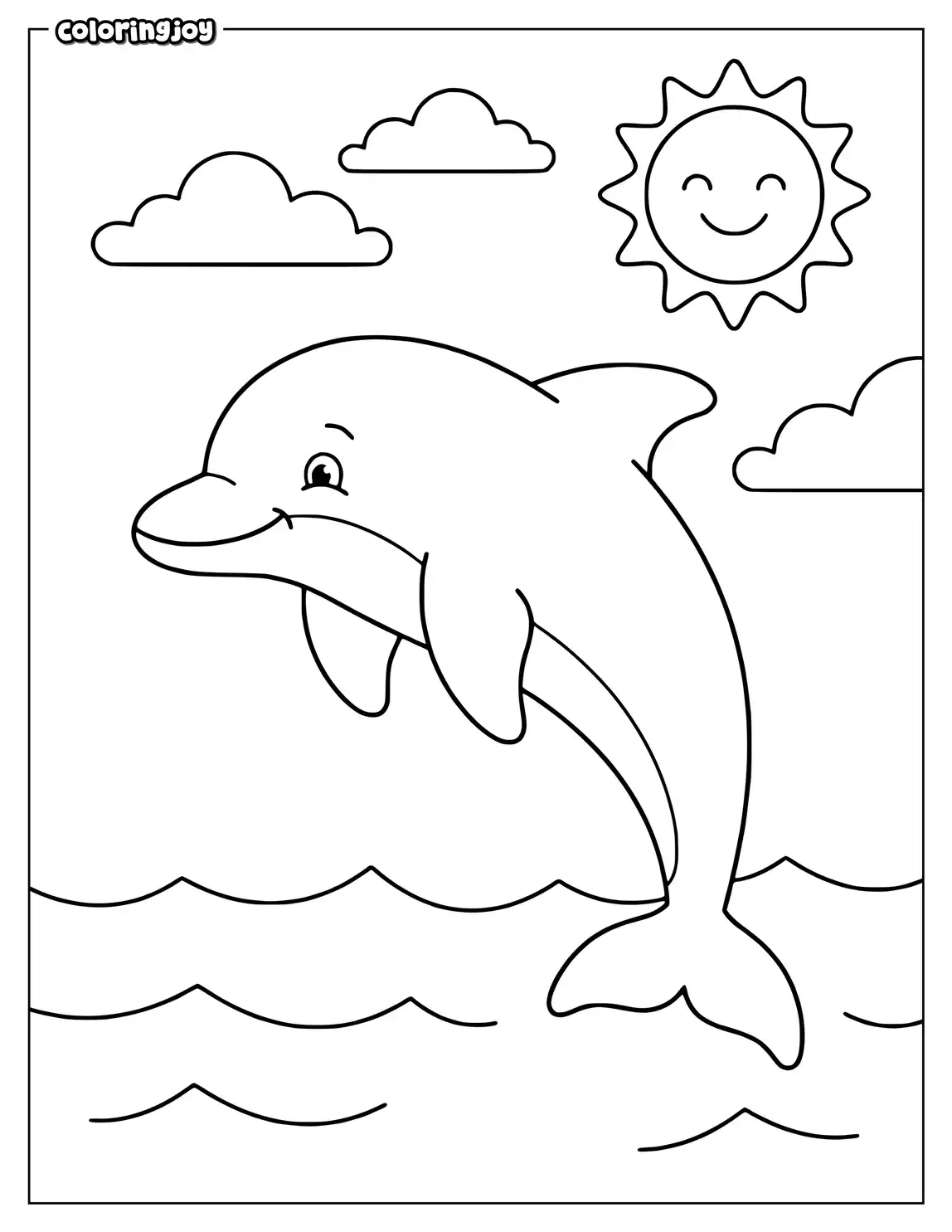 A dolphin jumps from the sea beneath a smiling sun.