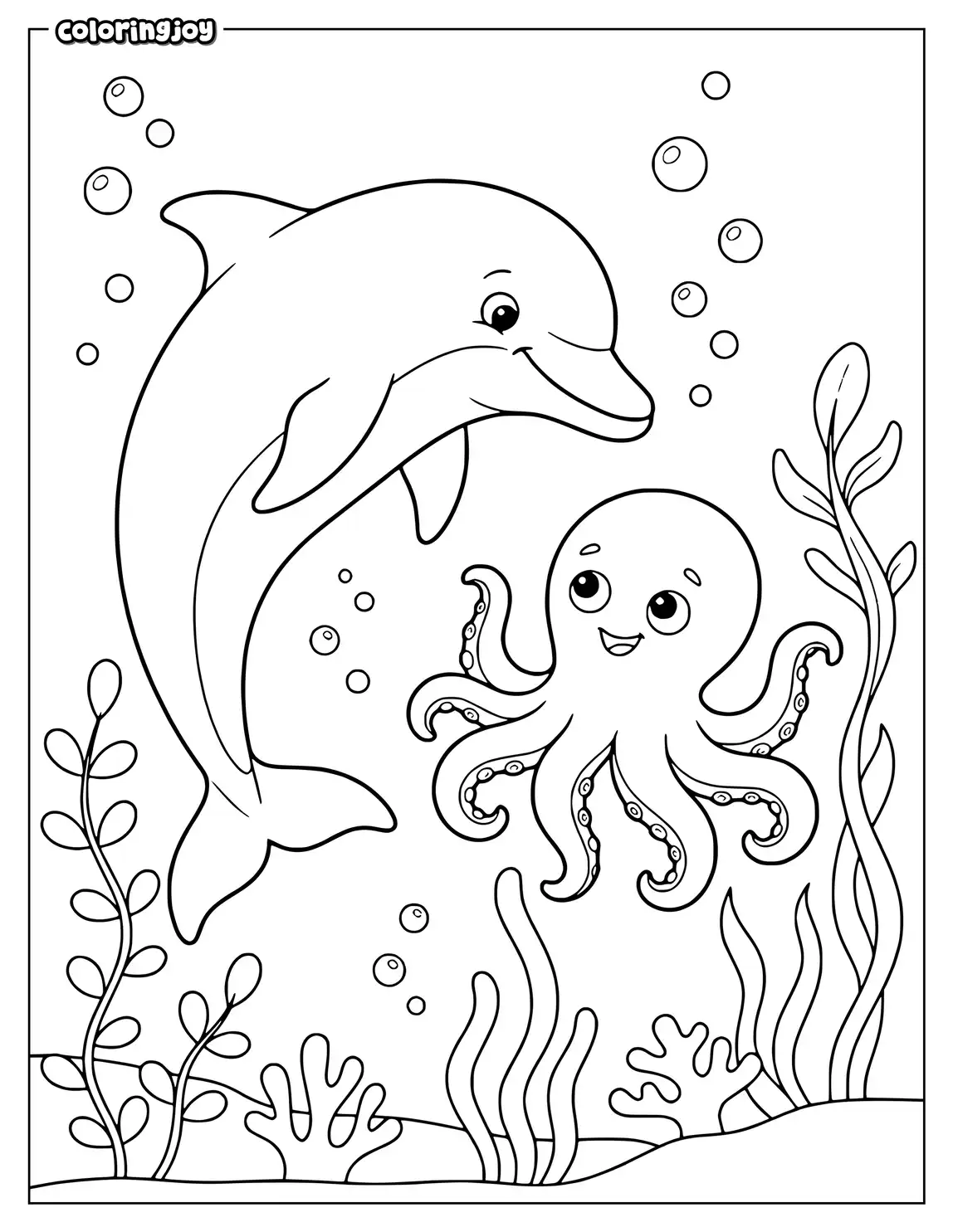A curious dolphin meets a smiling octopus among underwater bubbles.