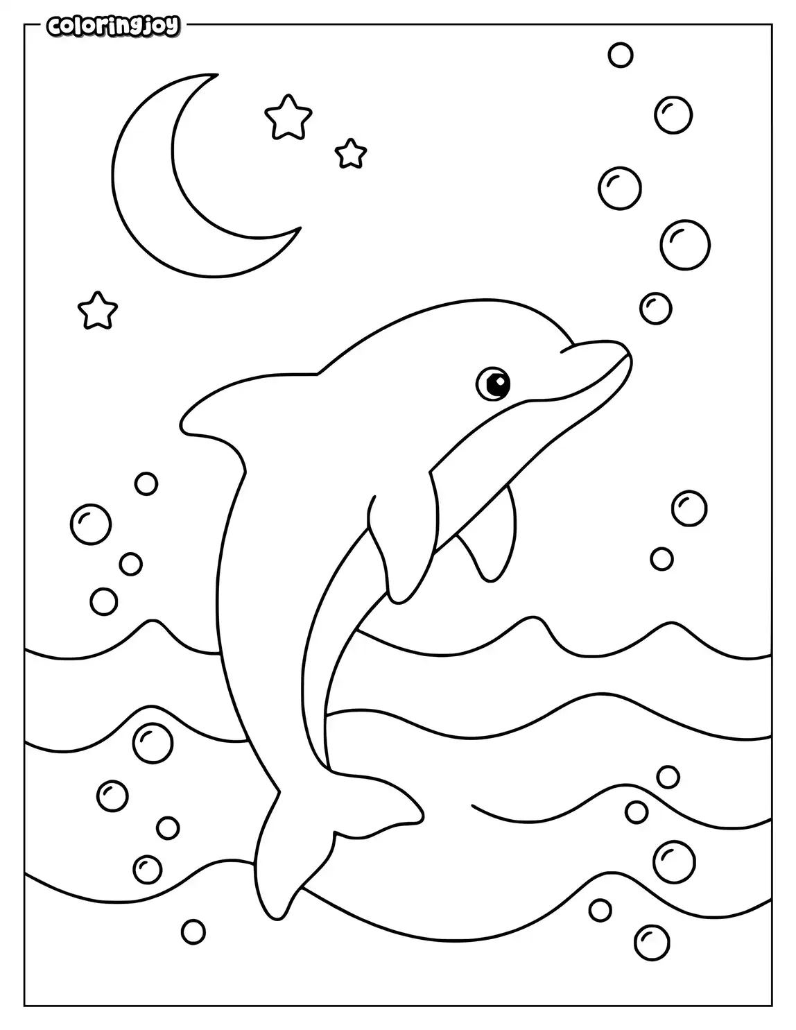 A dolphin swims beneath a crescent moon and tiny stars.