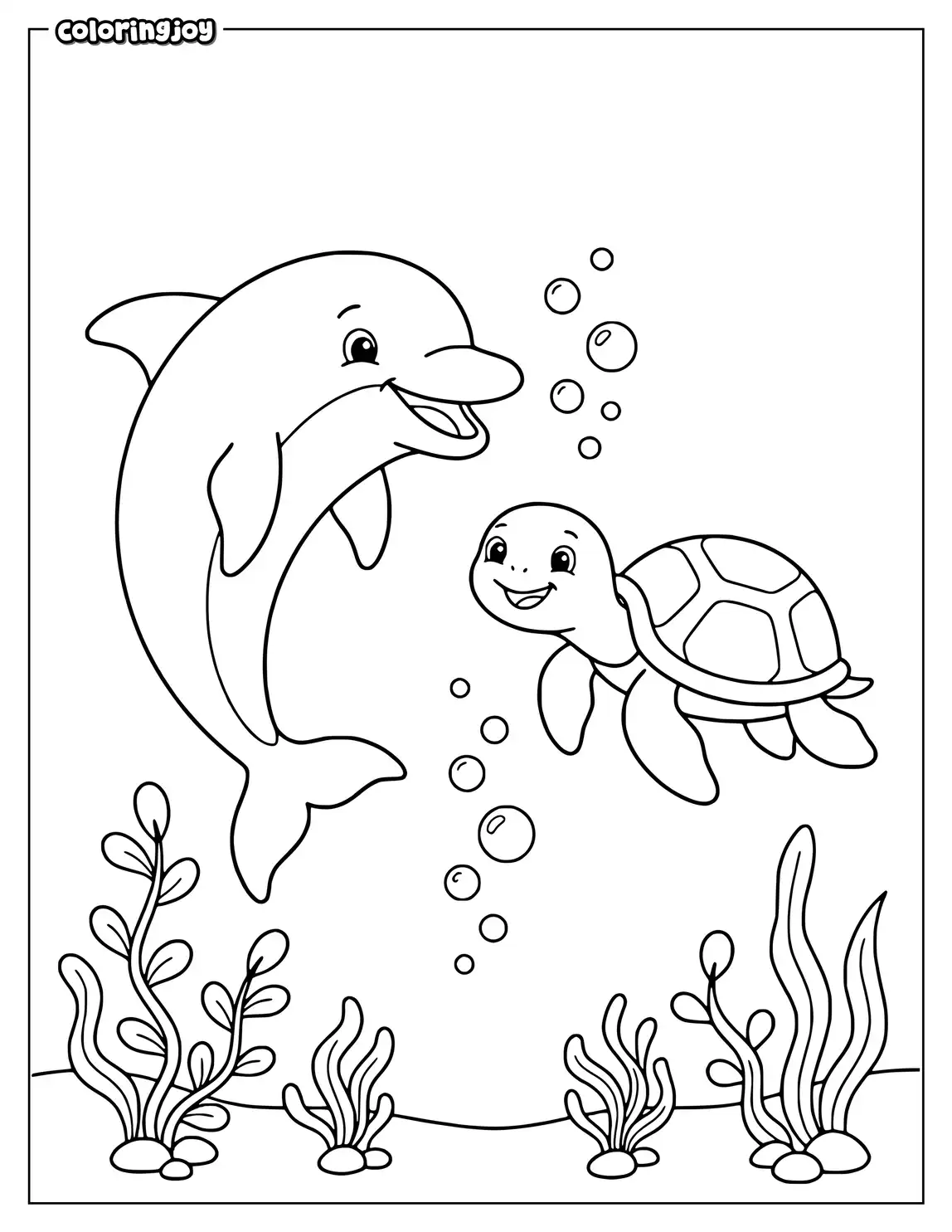 A smiling dolphin swims beside a sea turtle and bubbles.