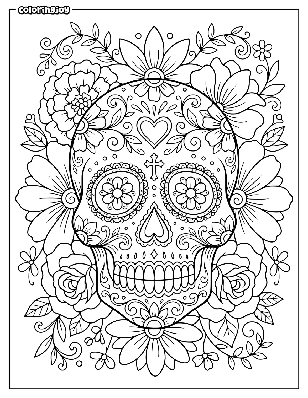 Large floral sugar skull with broad petals leaves and heart.