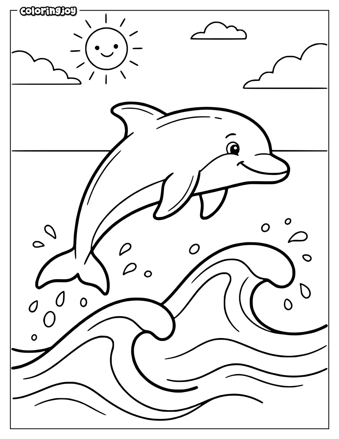 A simple smiling dolphin jumps above two waves with droplets.