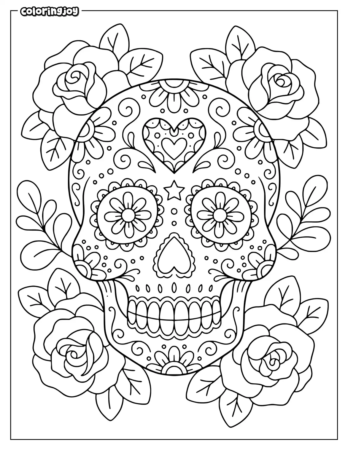 Large sugar skull surrounded by simple roses and rounded leaves.