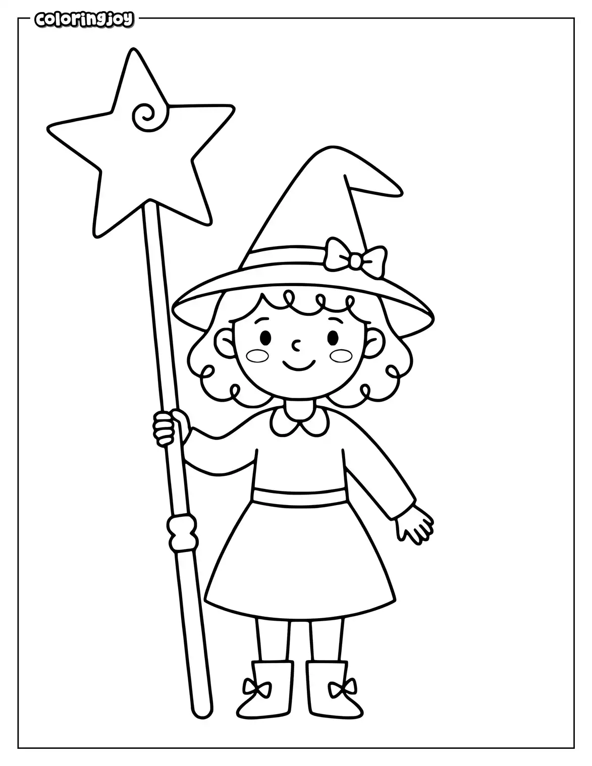 Easy witch coloring page with a magic wand