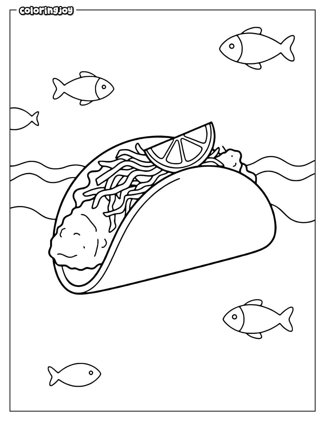 Fish taco with cabbage, lime wedge, and wavy ocean background.