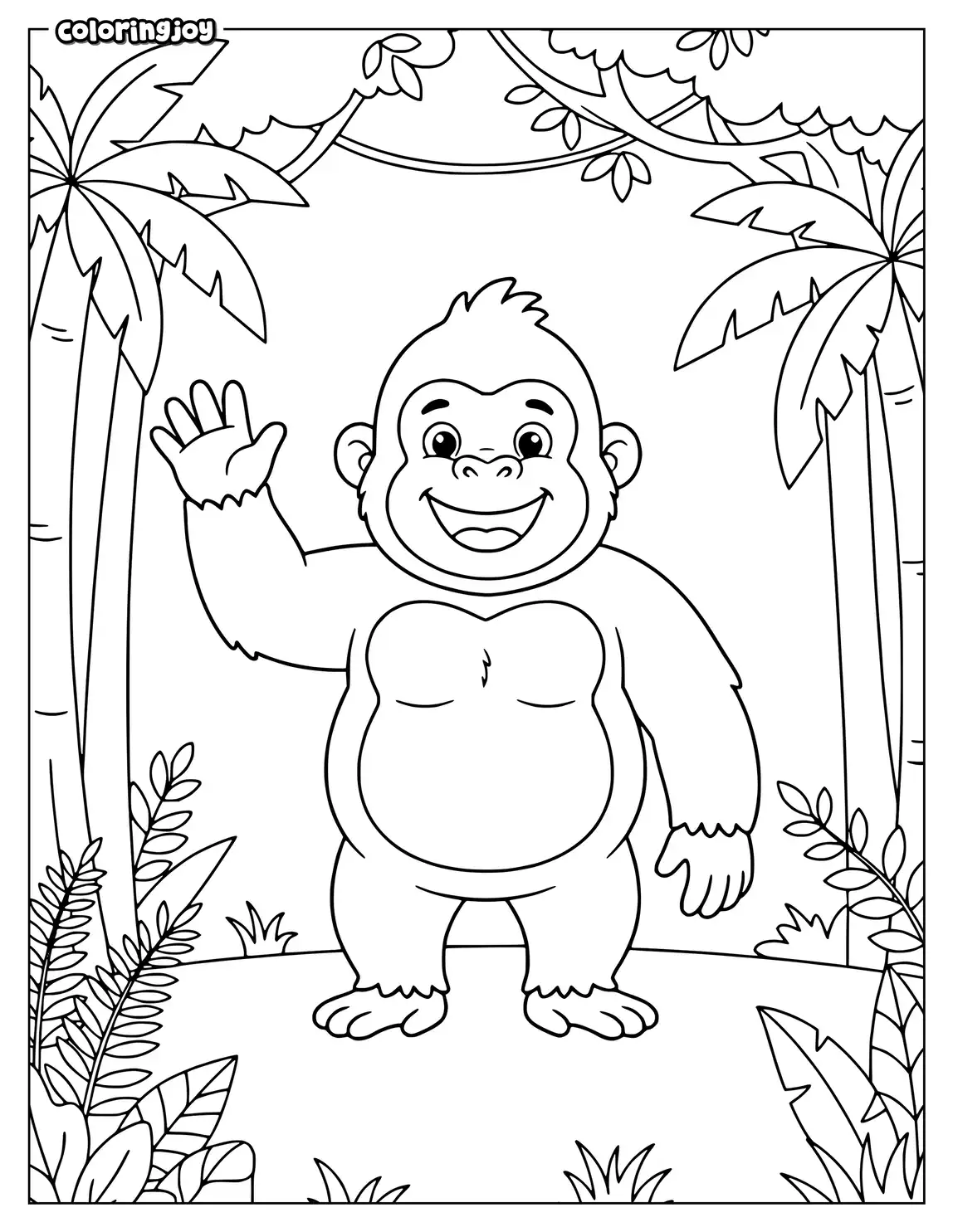 Happy gorilla waving hello with raised hand beside jungle leaves.