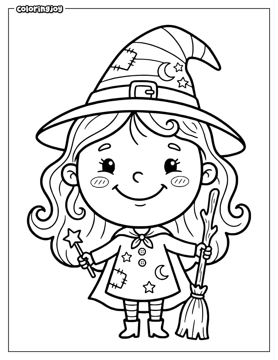 Friendly witch coloring page with a smiling face