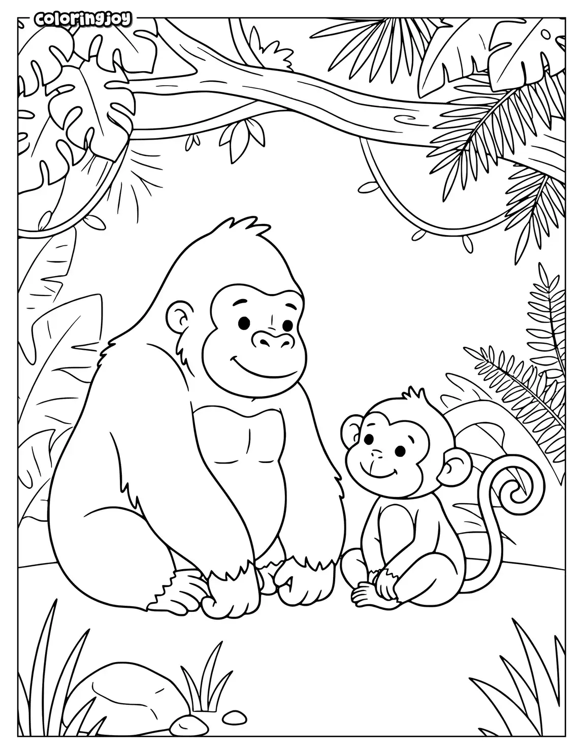 Friendly gorilla sitting beside little monkey under jungle leaves.
