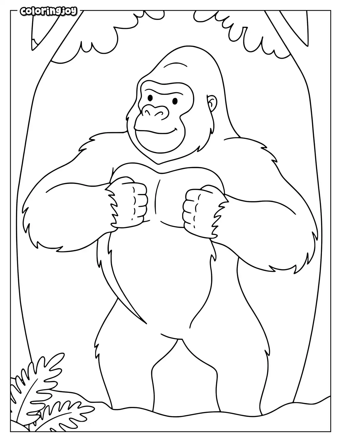 Gorilla proudly beating its chest with leaves behind its body.