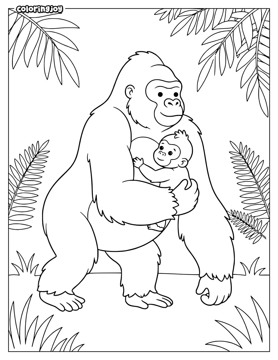 Mother gorilla carrying baby gorilla close against her rounded body.