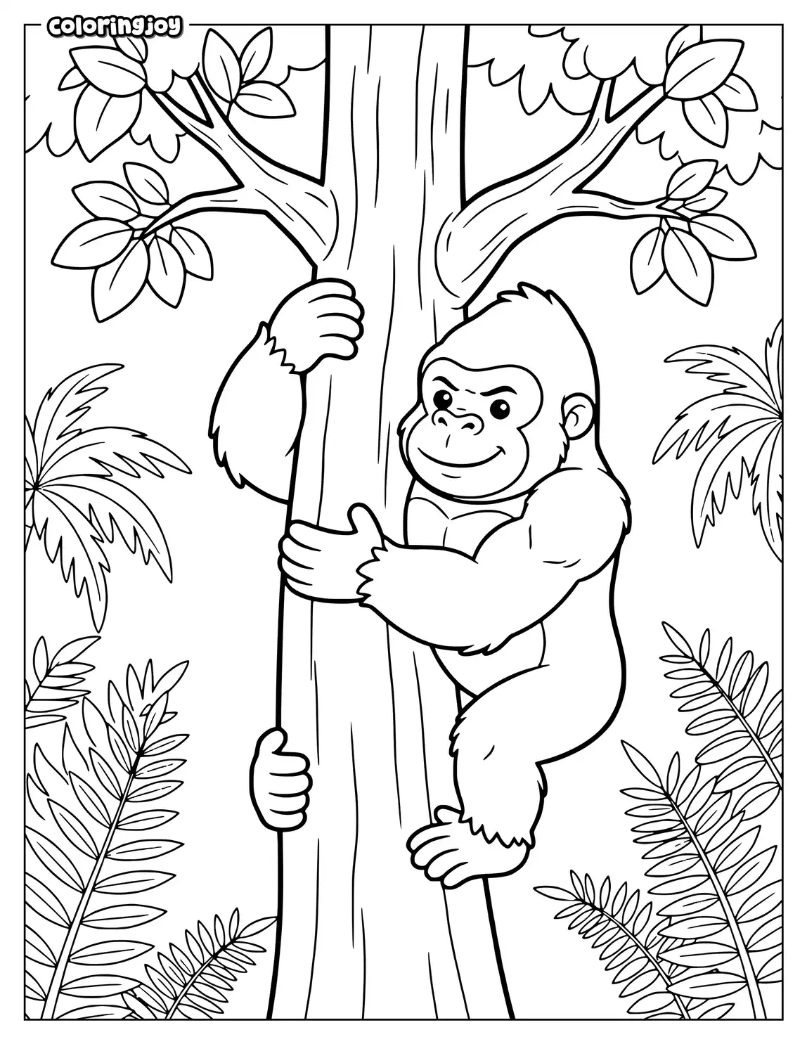 Gorilla climbing tree trunk with leaves and branches around it.