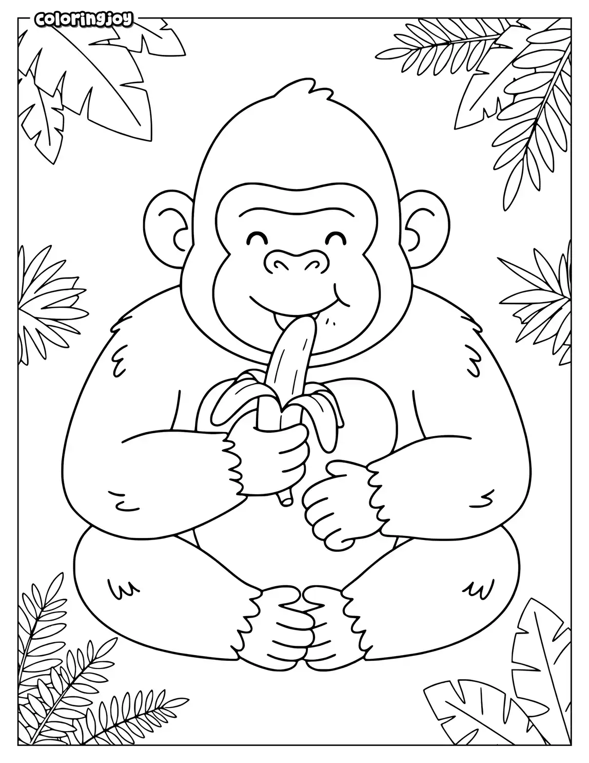 Happy gorilla eating a banana while sitting beside jungle leaves.