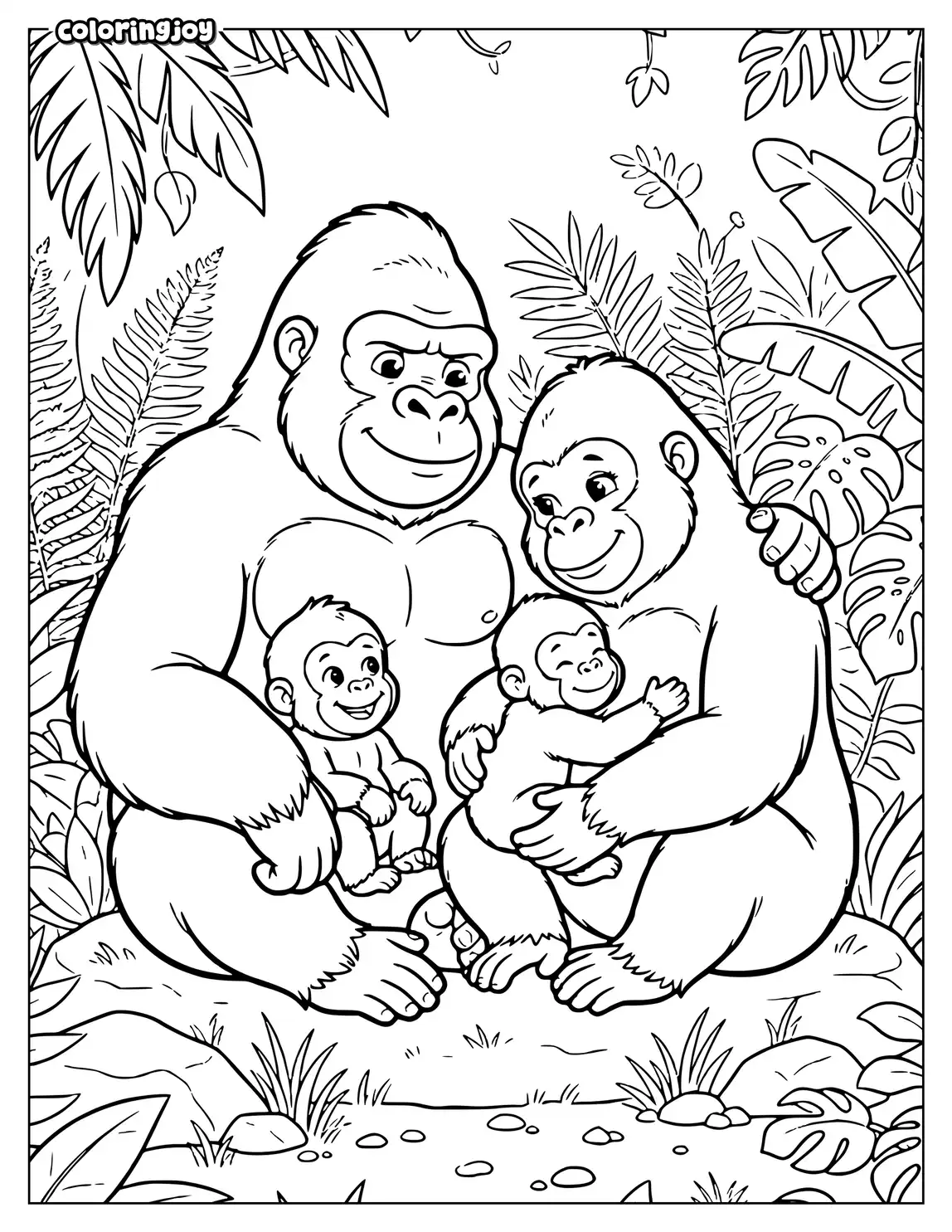 Gorilla family sitting together among leaves and small jungle plants.