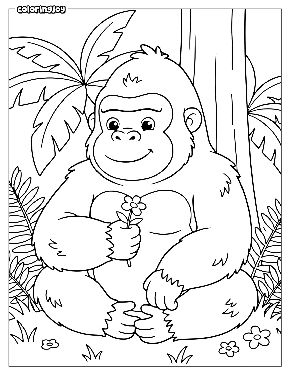 Gentle gorilla holding small flower surrounded by simple jungle leaves.