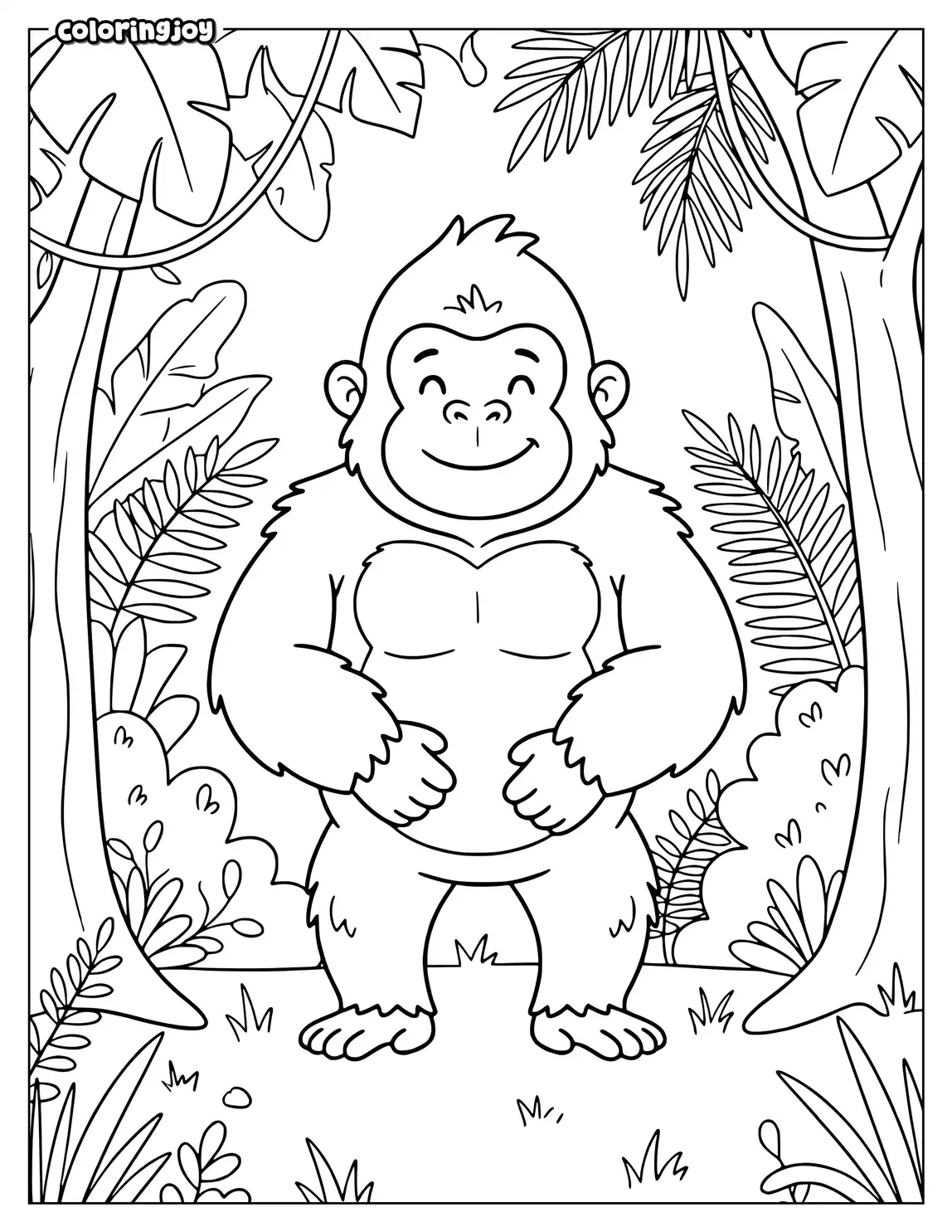 Friendly gorilla standing in tropical forest with large leaves around.