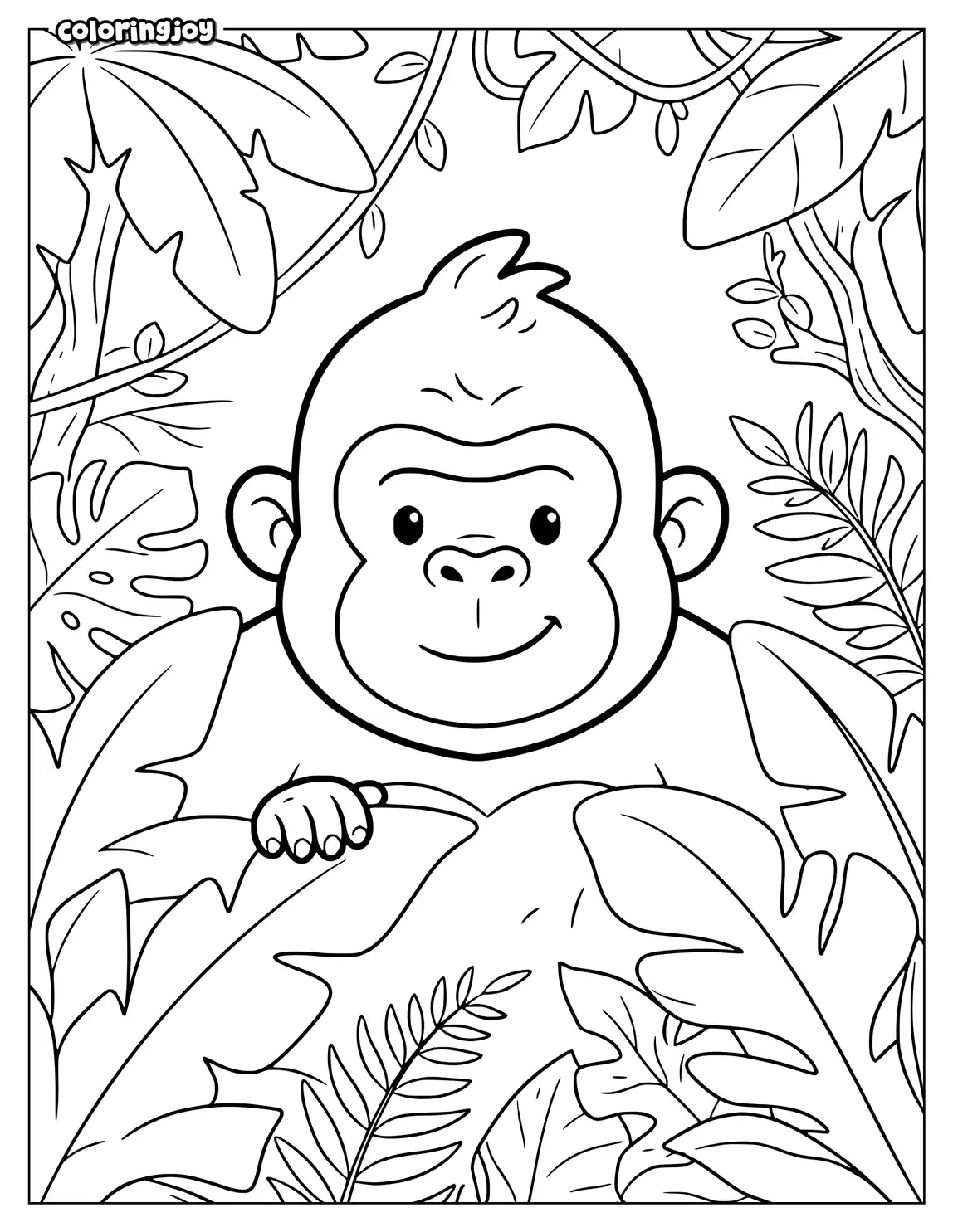 Curious gorilla peeking through large jungle leaves with smiling face.