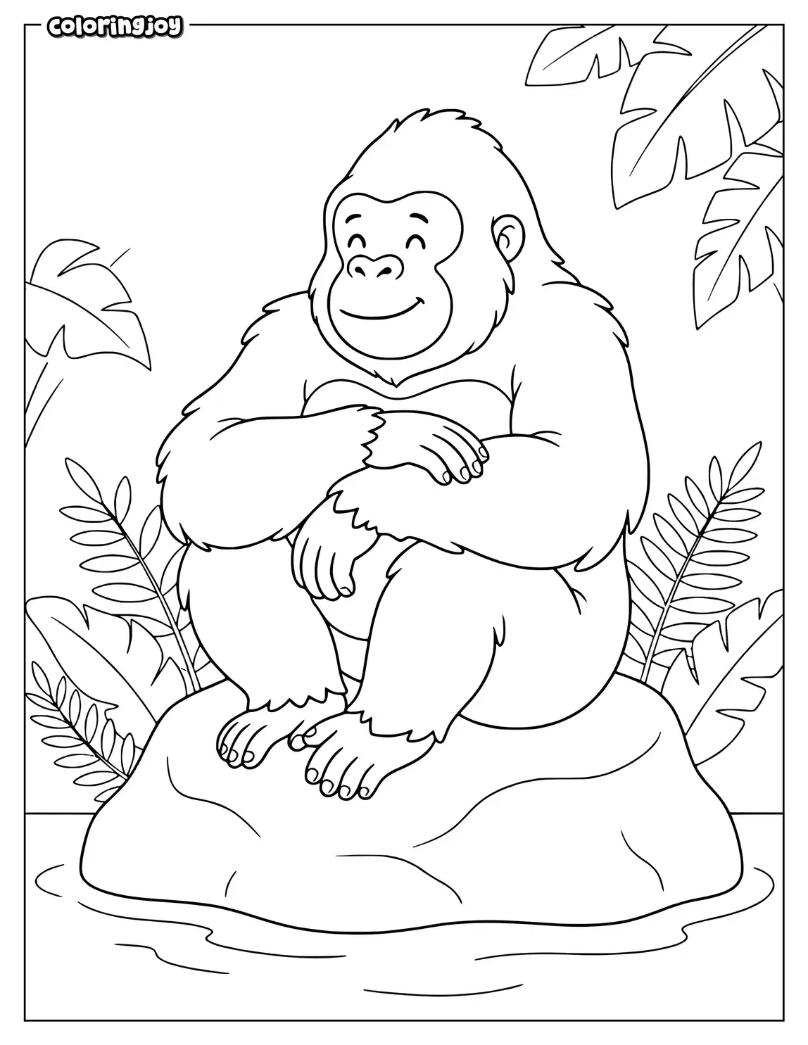 Relaxed gorilla sitting on large rock among simple jungle leaves.