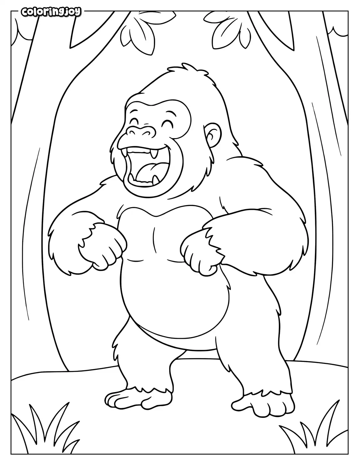 Strong gorilla roaring with open mouth beside simple jungle plants.