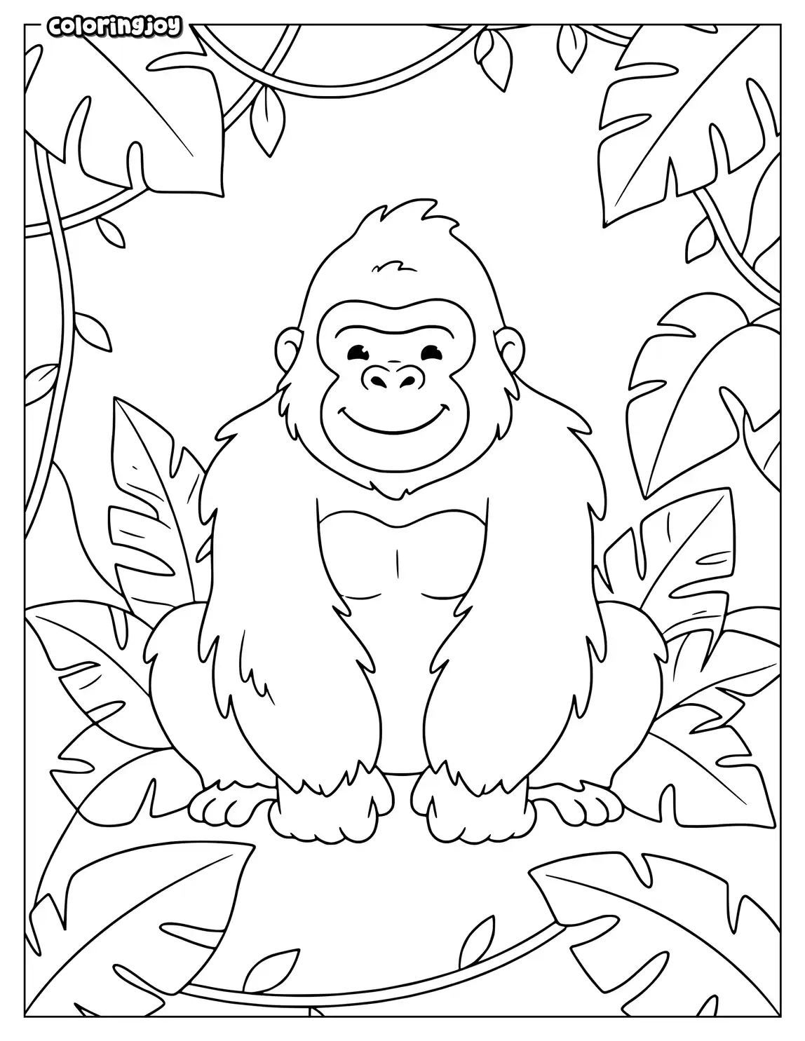 Smiling gorilla standing surrounded by large tropical leaves and vines.