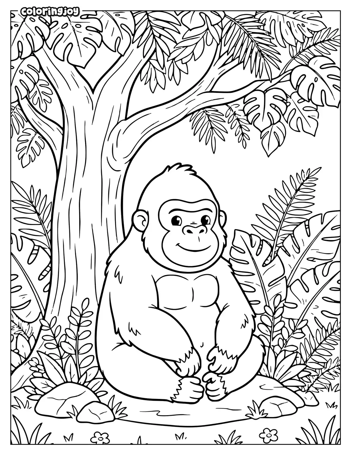 Gorilla sitting under tree branches surrounded by large jungle leaves.