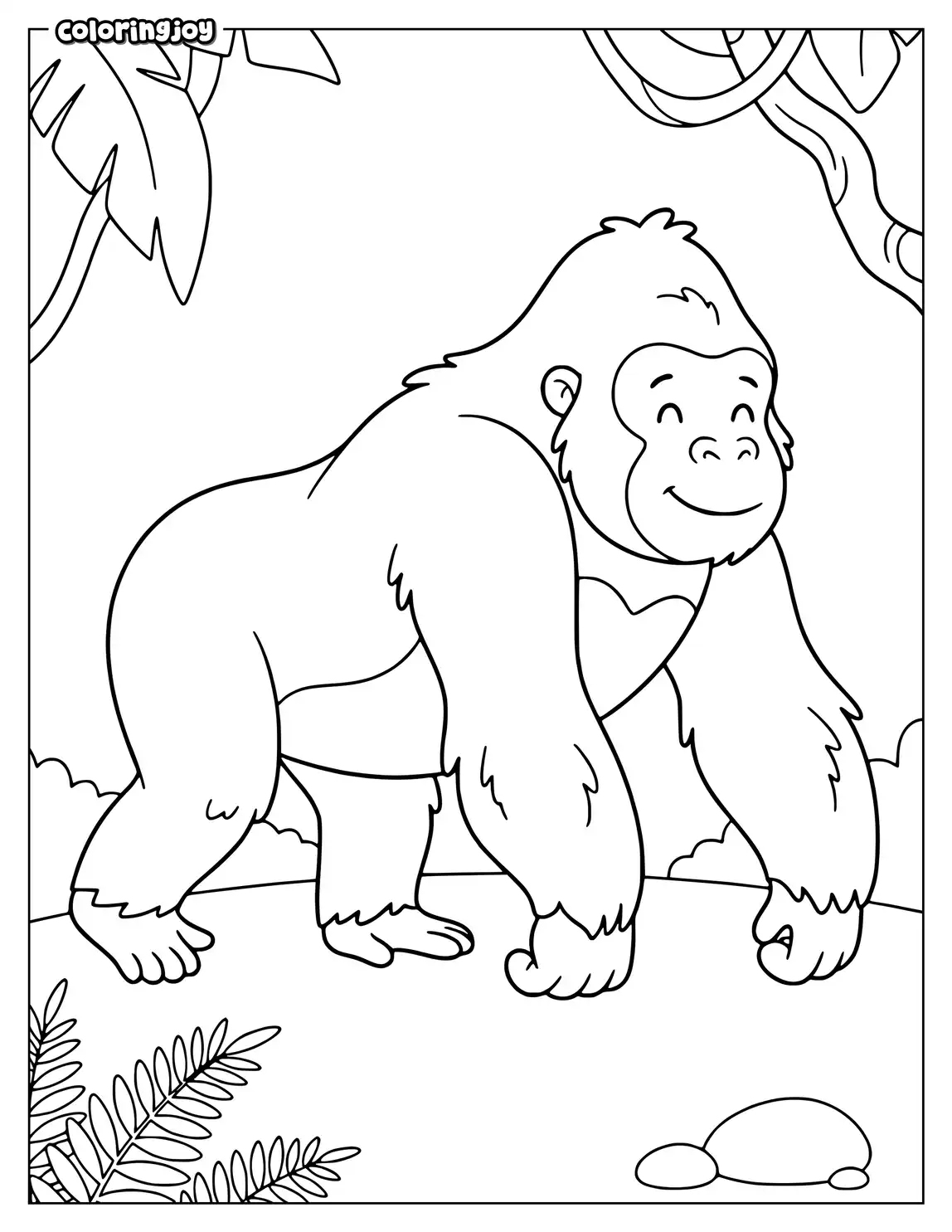 Gorilla walking on all fours across simple jungle ground plants.