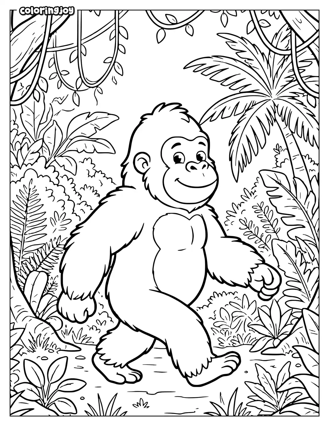 Gorilla walking through jungle leaves with vines and small plants.