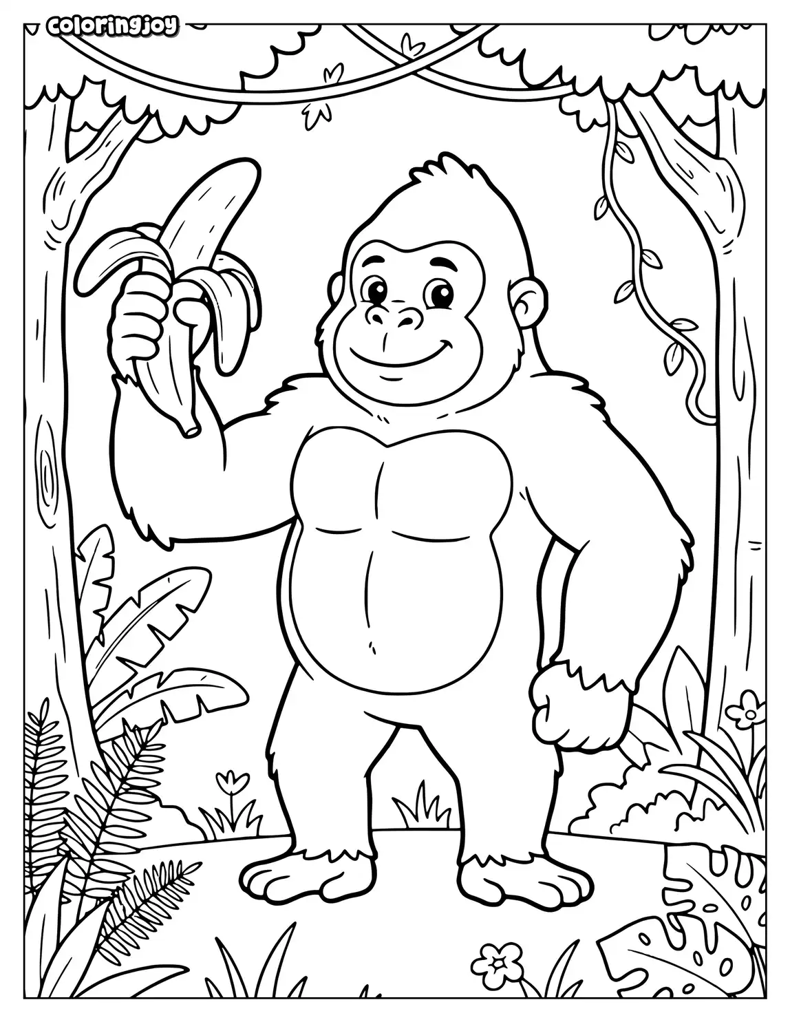 Smiling gorilla holding a large banana beside tropical jungle leaves.