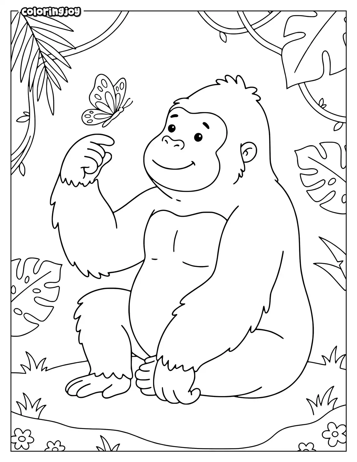 Smiling gorilla watching butterfly near large jungle leaves and plants.