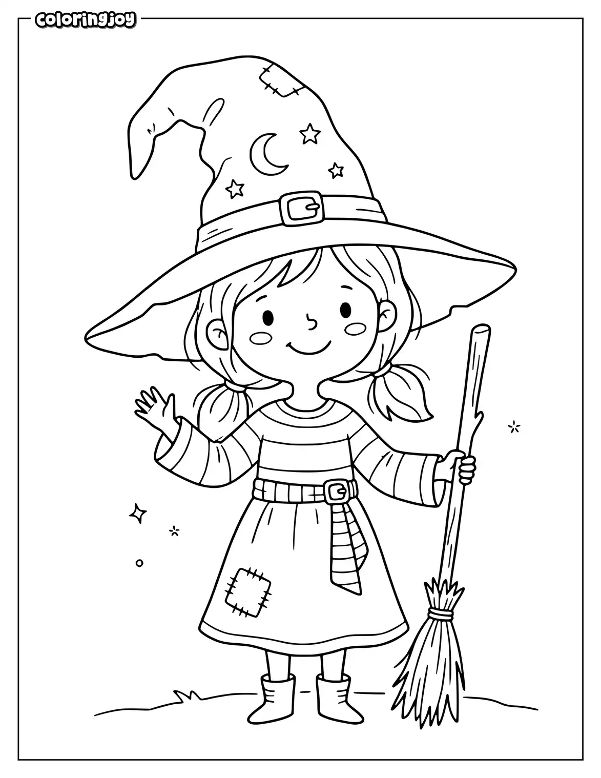 Halloween witch coloring page with a floppy hat