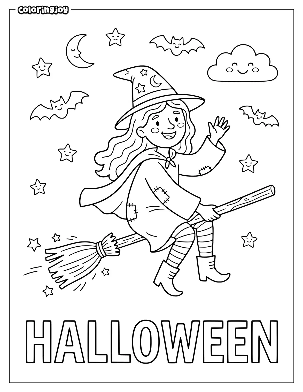 Halloween witch coloring page with Halloween decorations