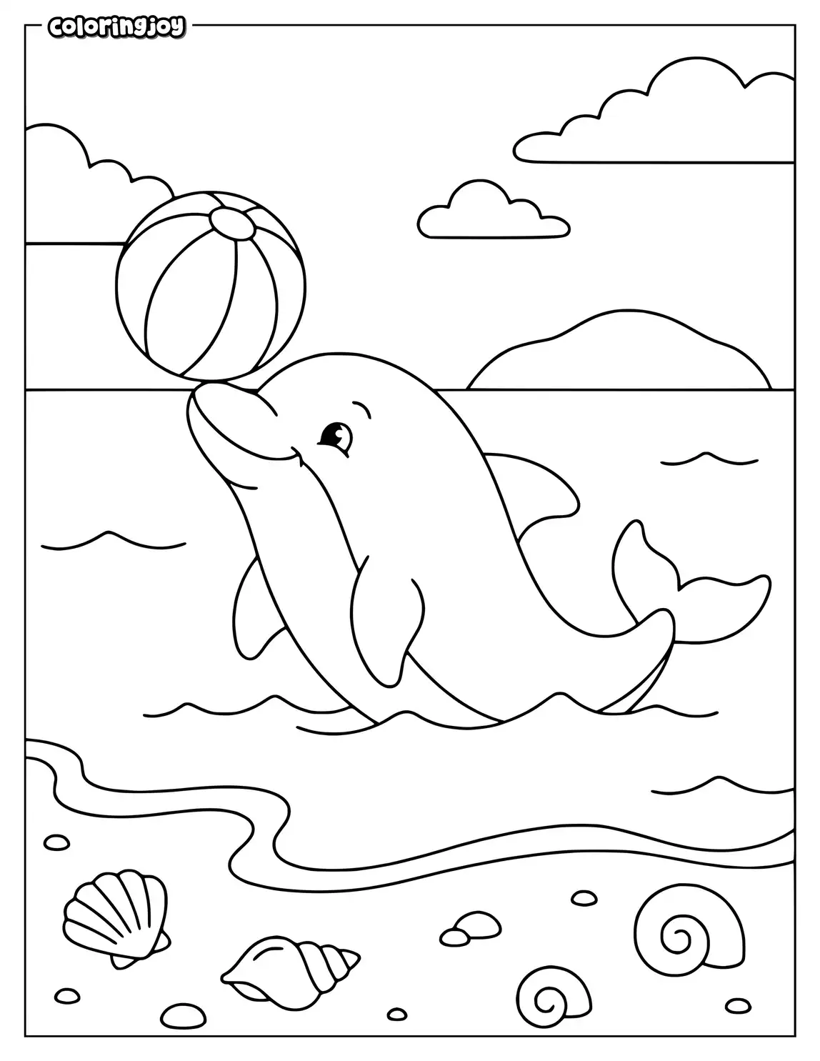 A playful dolphin balances a striped beach ball near shore.