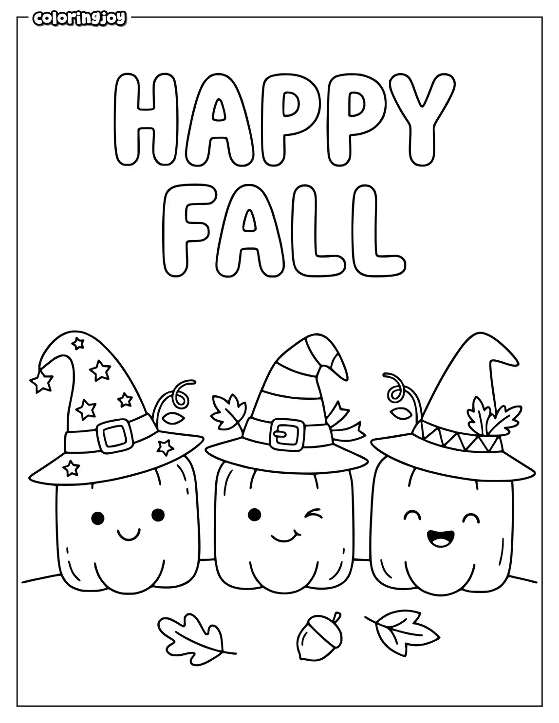 Three smiling square pumpkins sit beneath the Happy Fall.