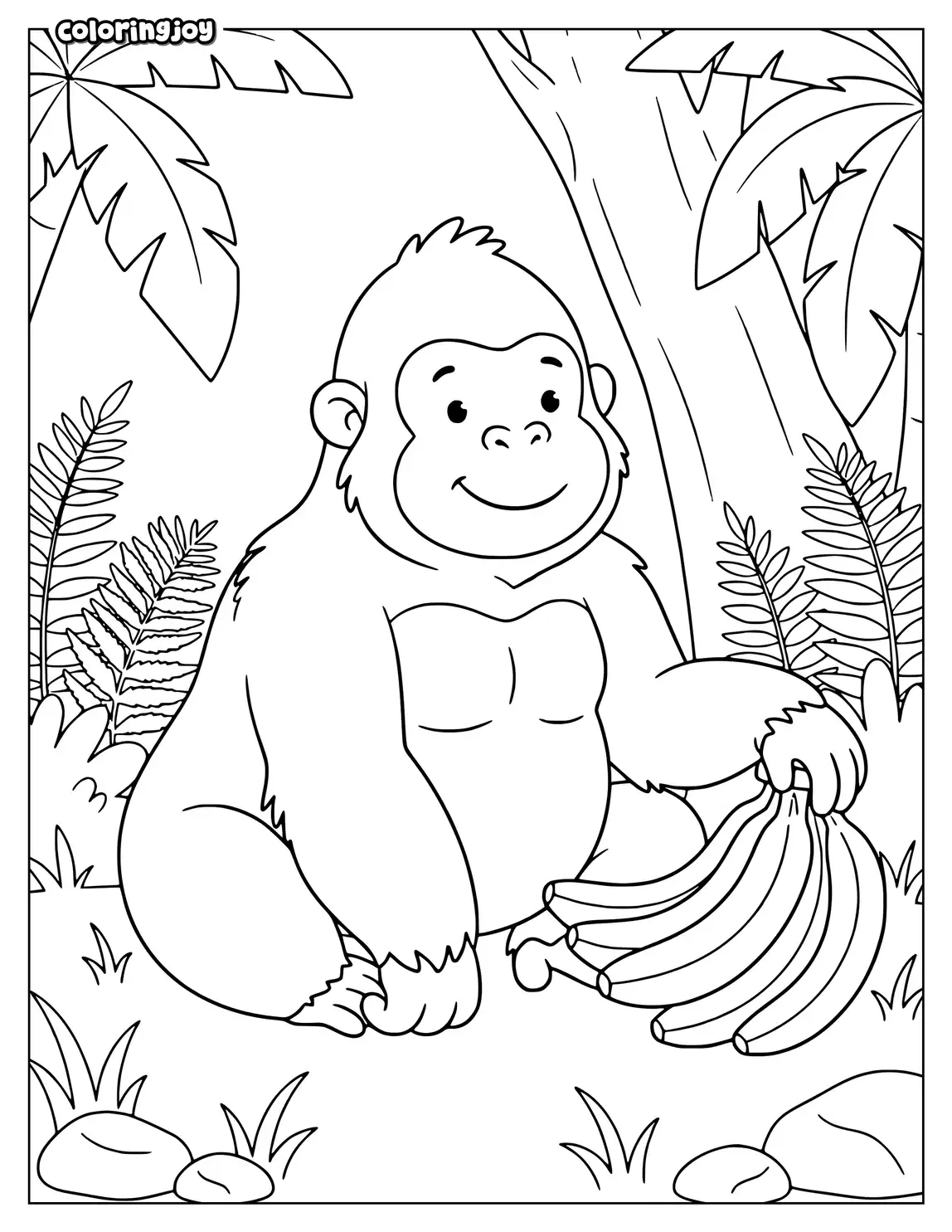 Happy gorilla sitting beside bunch of bananas and jungle leaves.