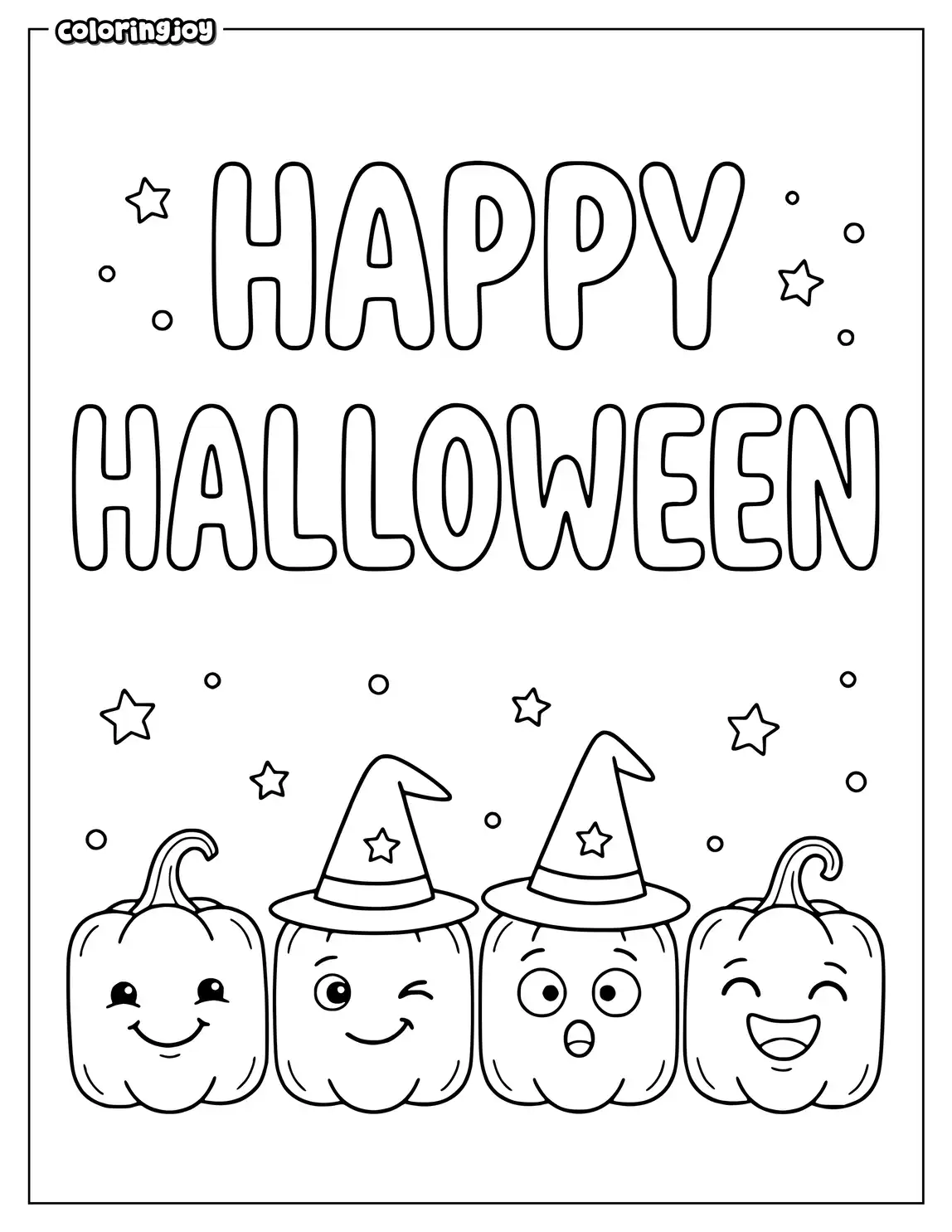 Four square pumpkins stand in a row beneath theHappy Halloween.