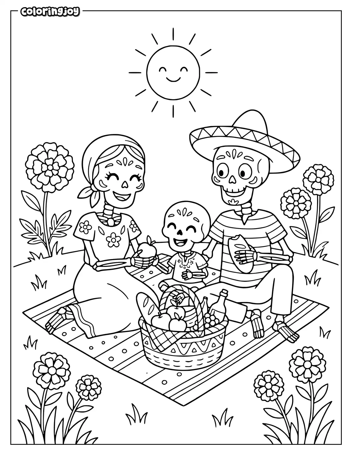 Happy skeleton family shares bread and fruit during a picnic.
