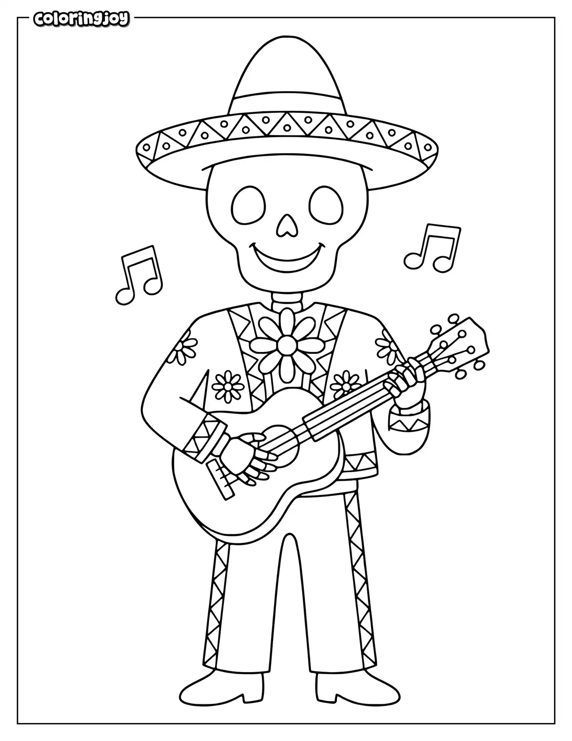 Happy skeleton mariachi wears a decorated sombrero and holds guitar.